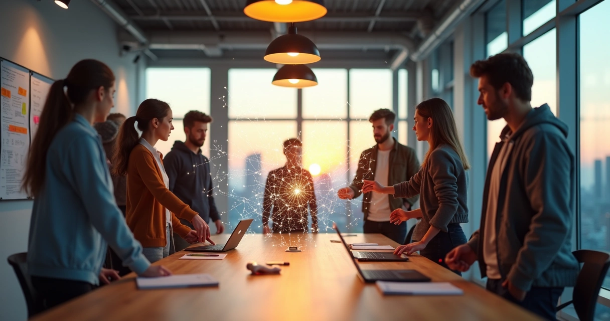 Sala de startup com equipe conectando pontos luminosos em rede no ar 