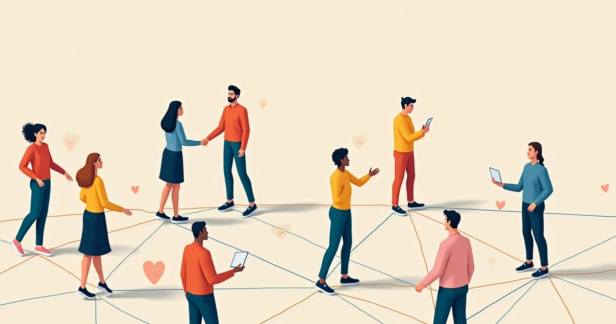 Gráfico colorido mostrando pessoas conectadas por linhas em rede de apoio emocional