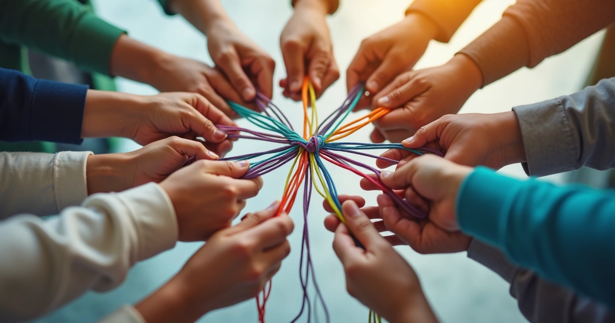 Rede de fios coloridos simbolizando conexões de apoio