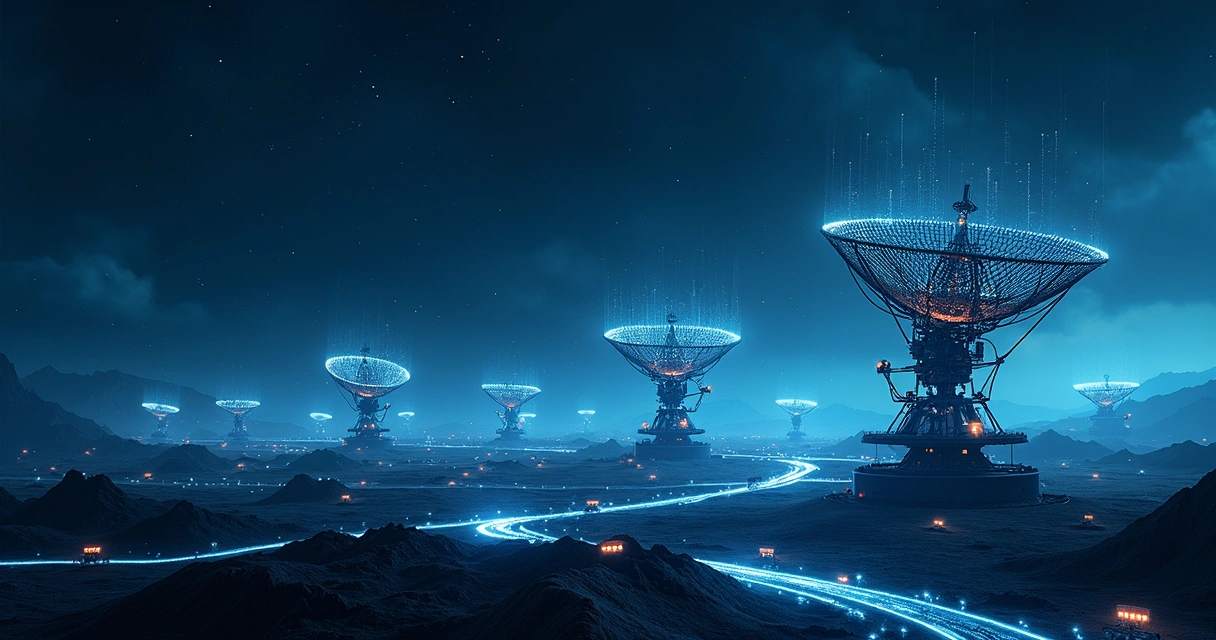 Rede de telescópios interconectados com IA processando dados 