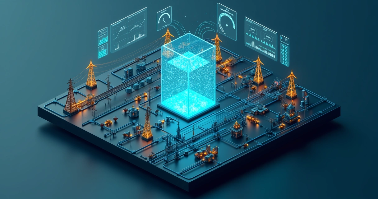 Mapa 3D com rede de utilities de energia água e gás conectada a núcleo de inteligência artificial 