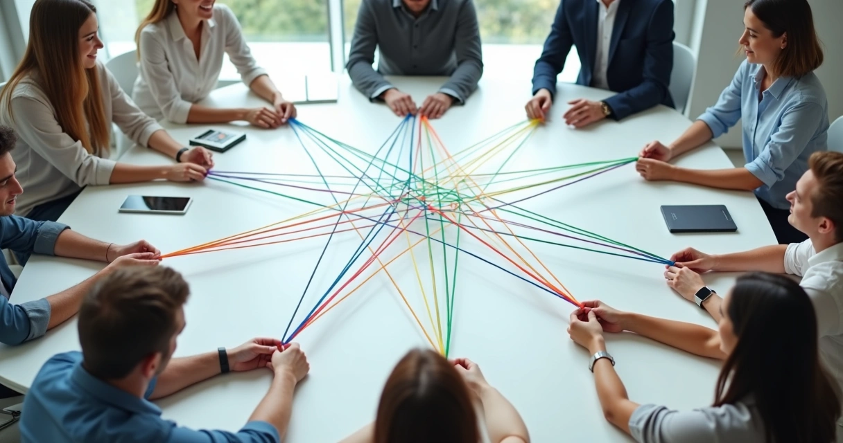 Mãos diferentes segurando fios coloridos formando teia organizada 