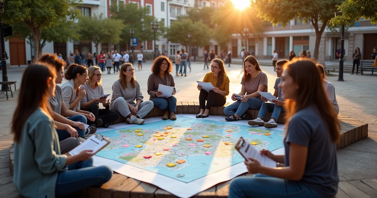 Voluntários organizando ações de engajamento em praça urbana 