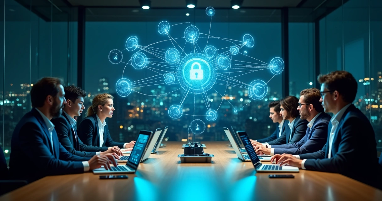 Sala de reunião corporativa com rede Wi-Fi destacada em visualização holográfica 