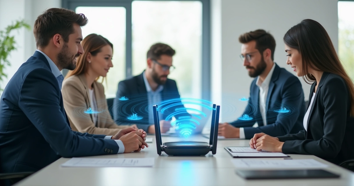 Equipe de escritório contábil ao redor de roteador Wi-Fi, com zonas de sinal destacado na mesa 