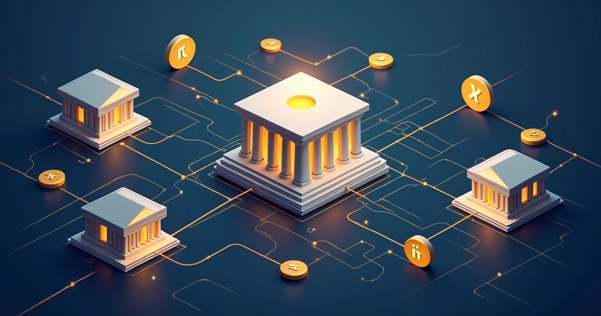 Ilustração de bancos conectados pela rede XRP 