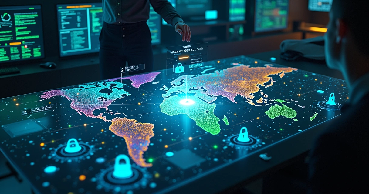 Rede corporativa dividida em zonas coloridas conectadas por cadeados digitais 