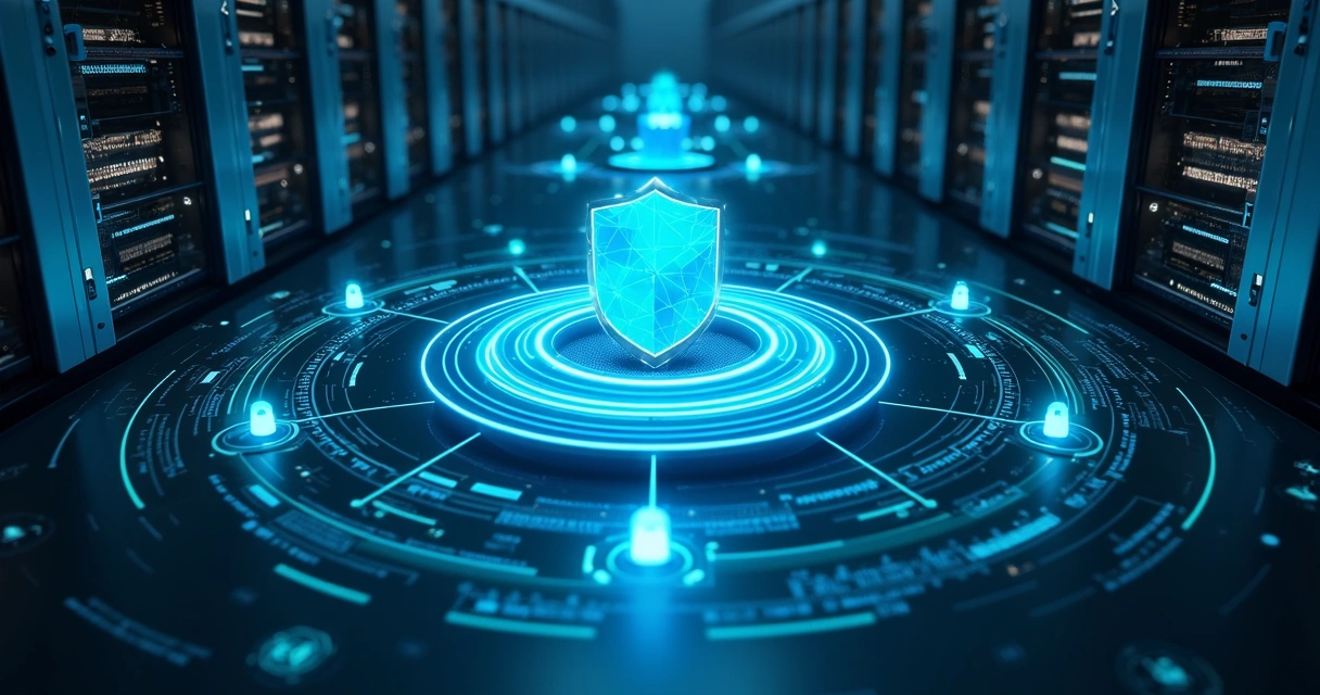 Visualização abstrata de rede corporativa cercada por camadas de segurança digital 