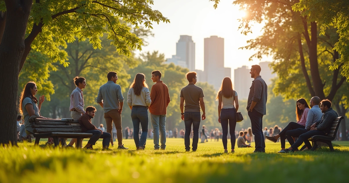 Rede de pessoas conectadas conversando em um parque iluminado pelo sol 