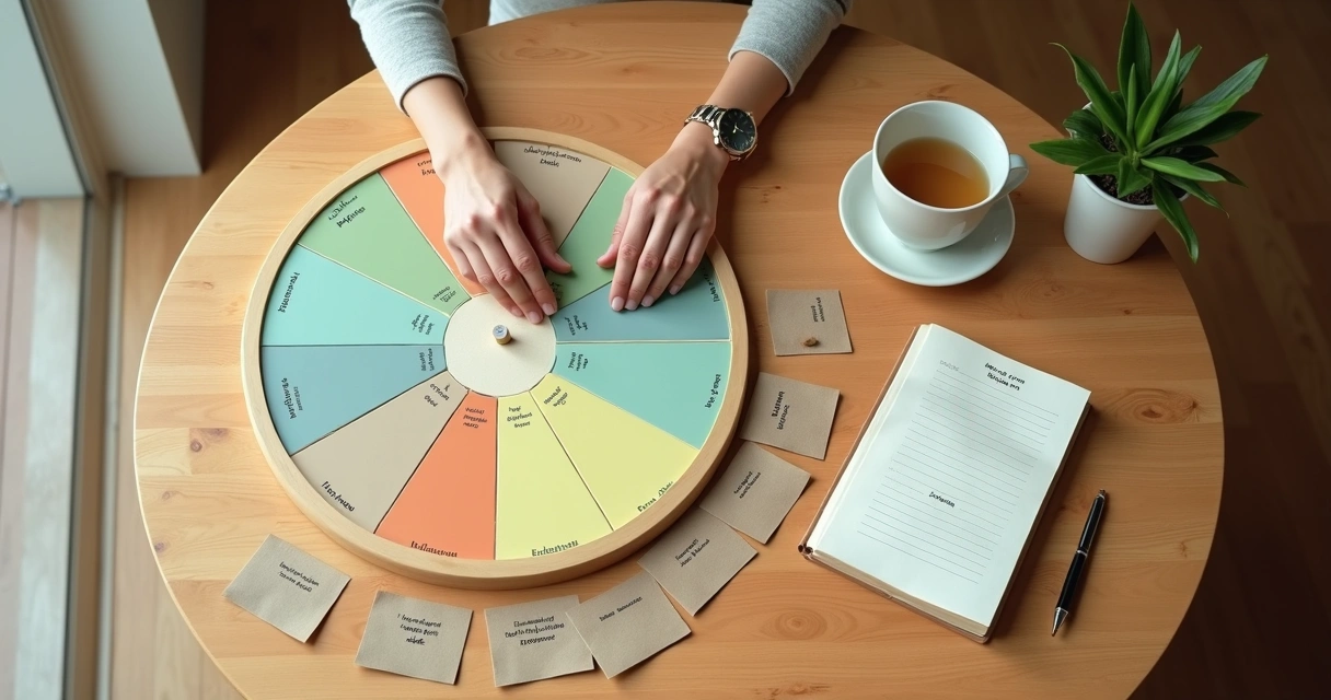 Pessoa reorganizando metas com cartões coloridos num quadro circular 