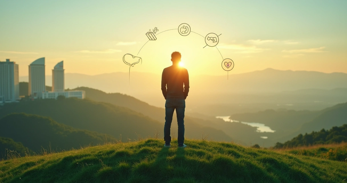 Pessoa em pé no topo de uma colina observando horizonte urbano e natureza em equilíbrio 