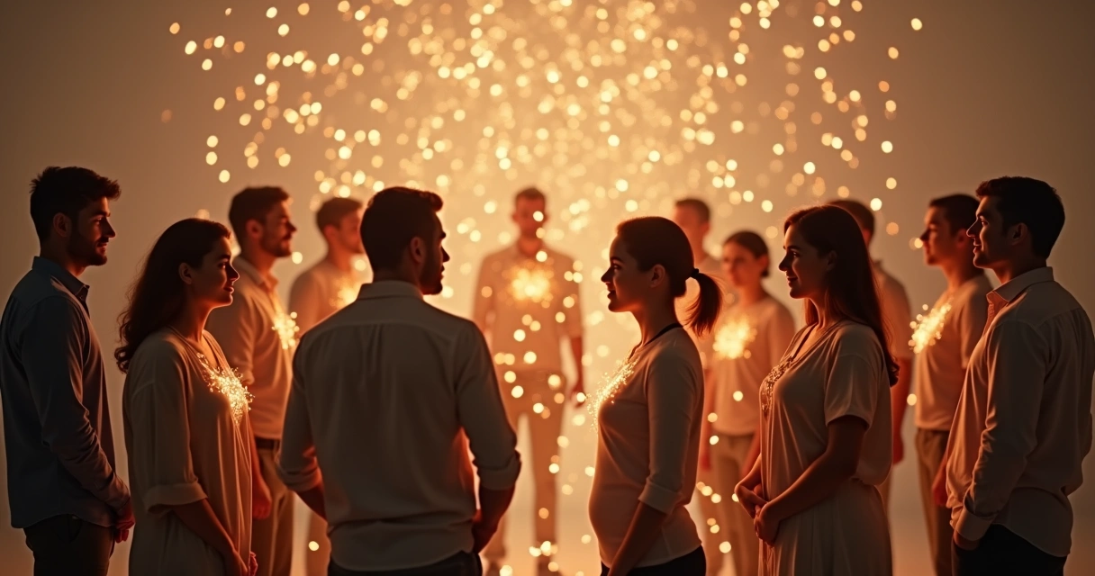 Personas conectadas por líneas luminosas simbolizando redes afectivas y vínculo social 