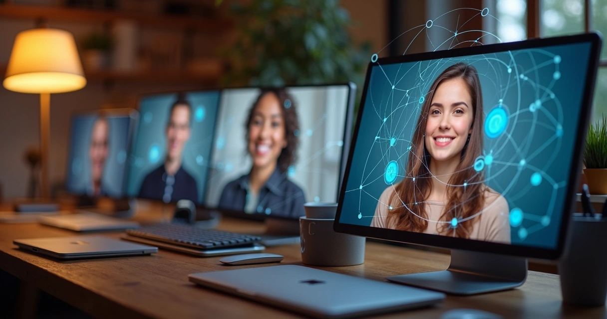 Personas conectadas virtualmente en pantallas con líneas que muestran sus conexiones 