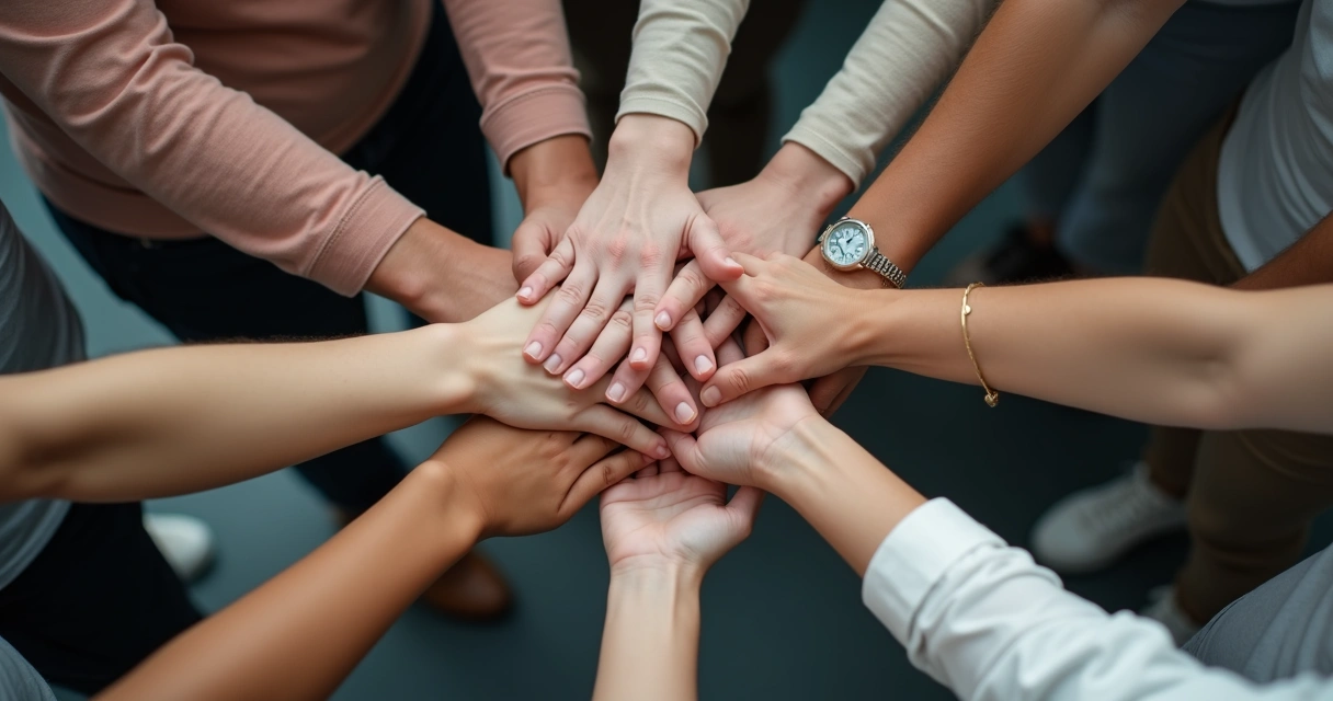 Personas formando una red de apoyo uniendo las manos en círculo 