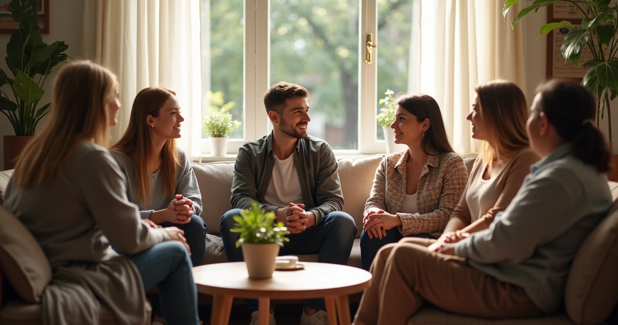Grupo reunido conversando em círculo com clima de apoio mútuo 
