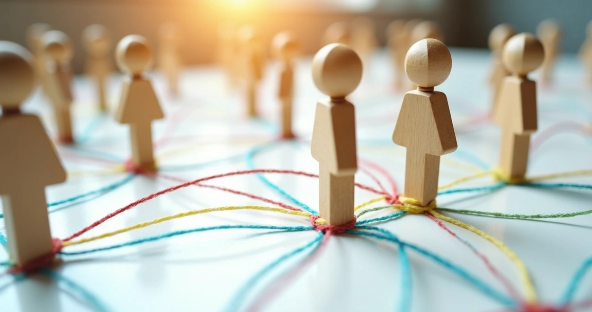 Rede de fios coloridos conectando figuras humanas de madeira 