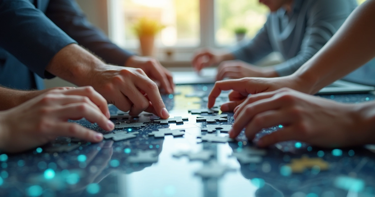 Mãos de pessoas diversas conectando peças de quebra-cabeça sobre uma mesa 