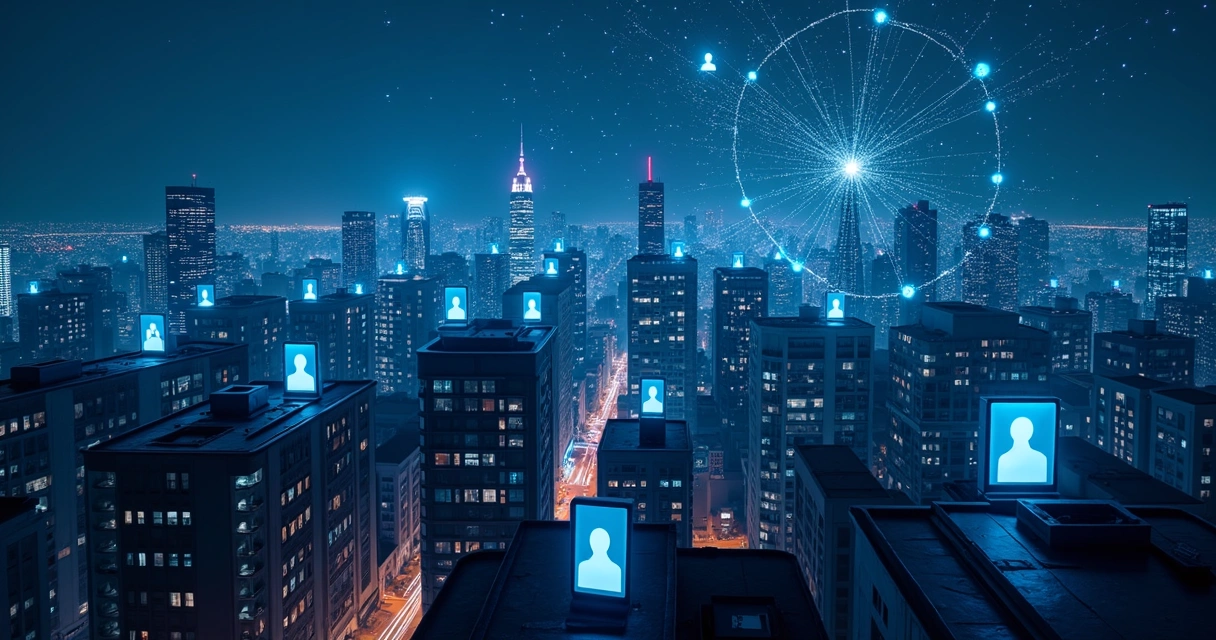 Constelación de perfiles humanos flotando sobre una ciudad nocturna iluminada por pantallas digitales 