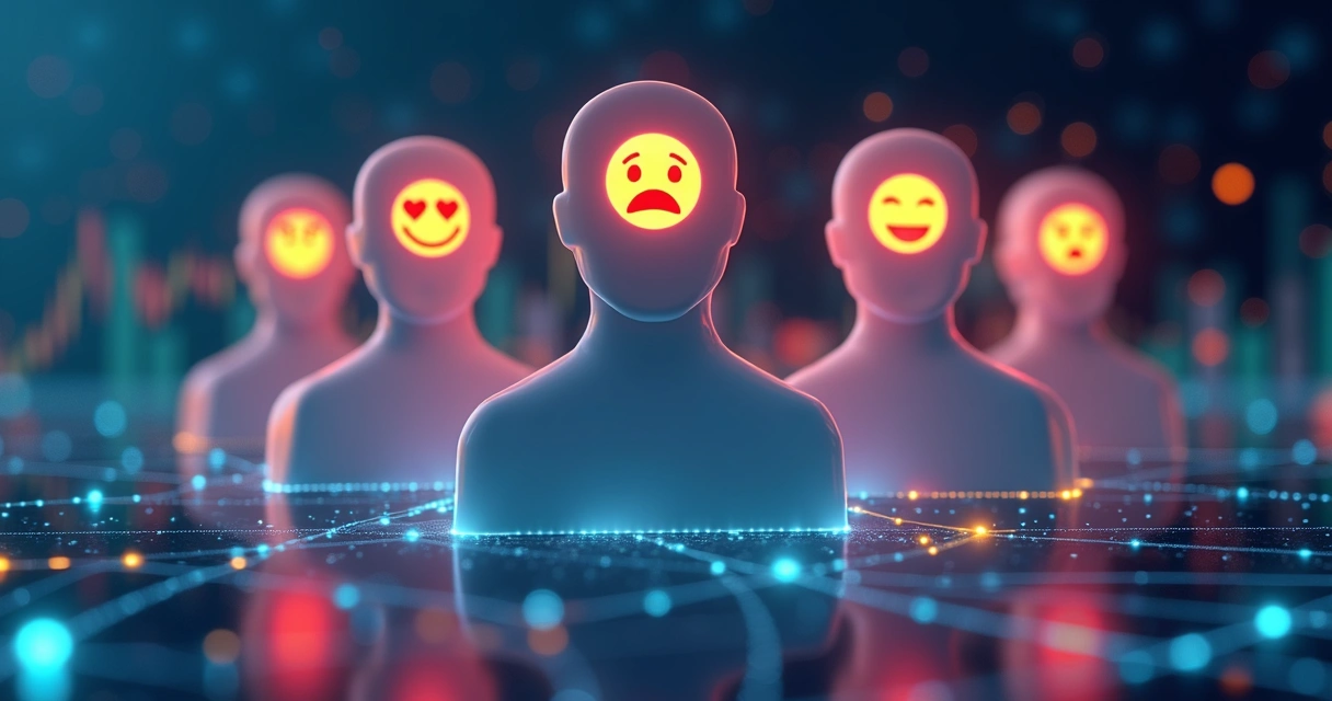 Rede digital conectando pessoas com ícones de emoções e gráficos de mercado 