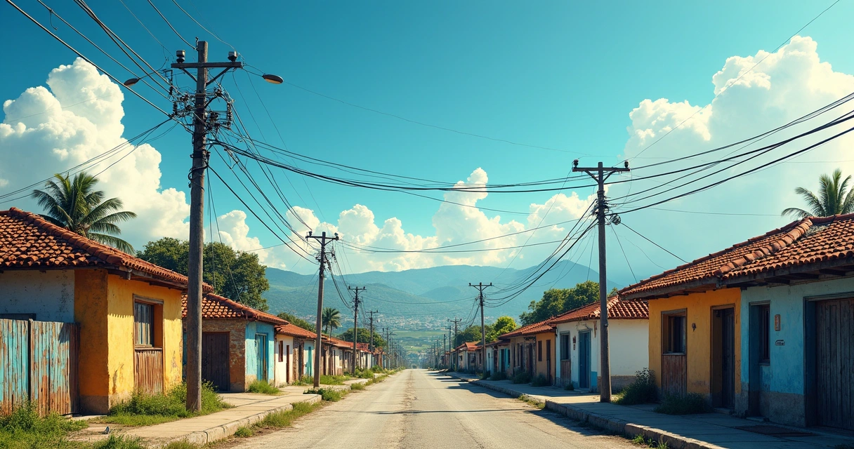 Cabos de fibra óptica distribuídos em paisagem de cidade pequena 