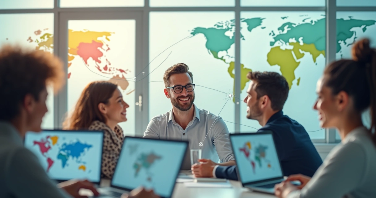 Várias pessoas conectadas em seus computadores sorrindo 