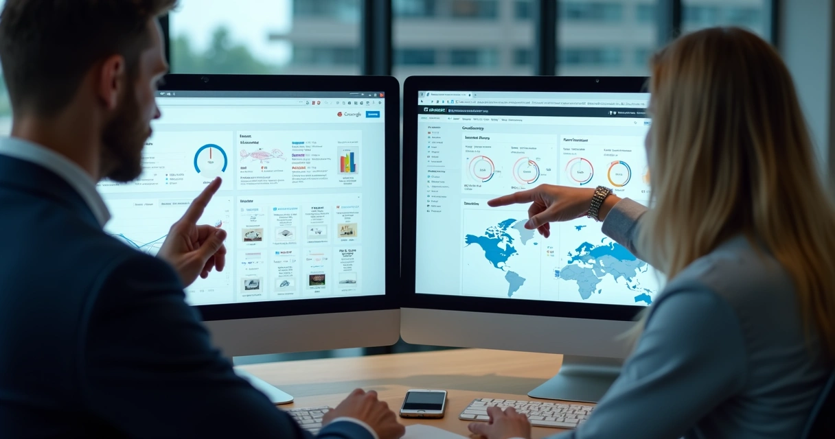 Plataformas Google Ads e Meta Ads lado a lado em telas de computador 