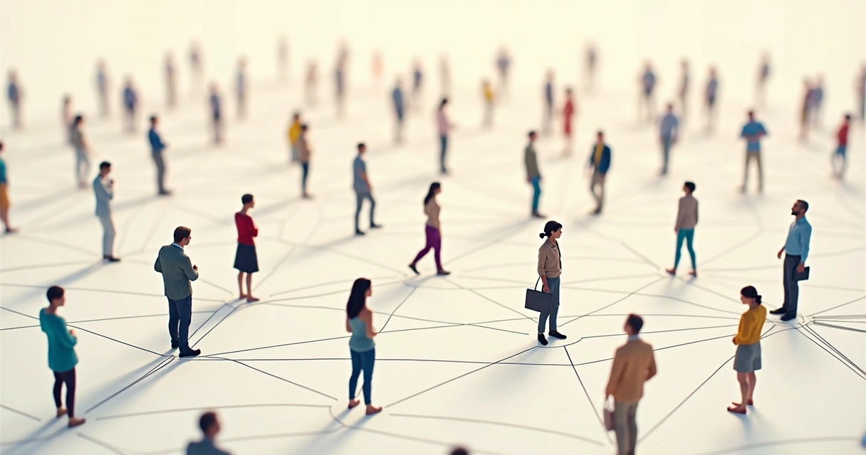 Ilustración de una red de personas interconectadas con líneas y nodos sobre fondo neutro. 