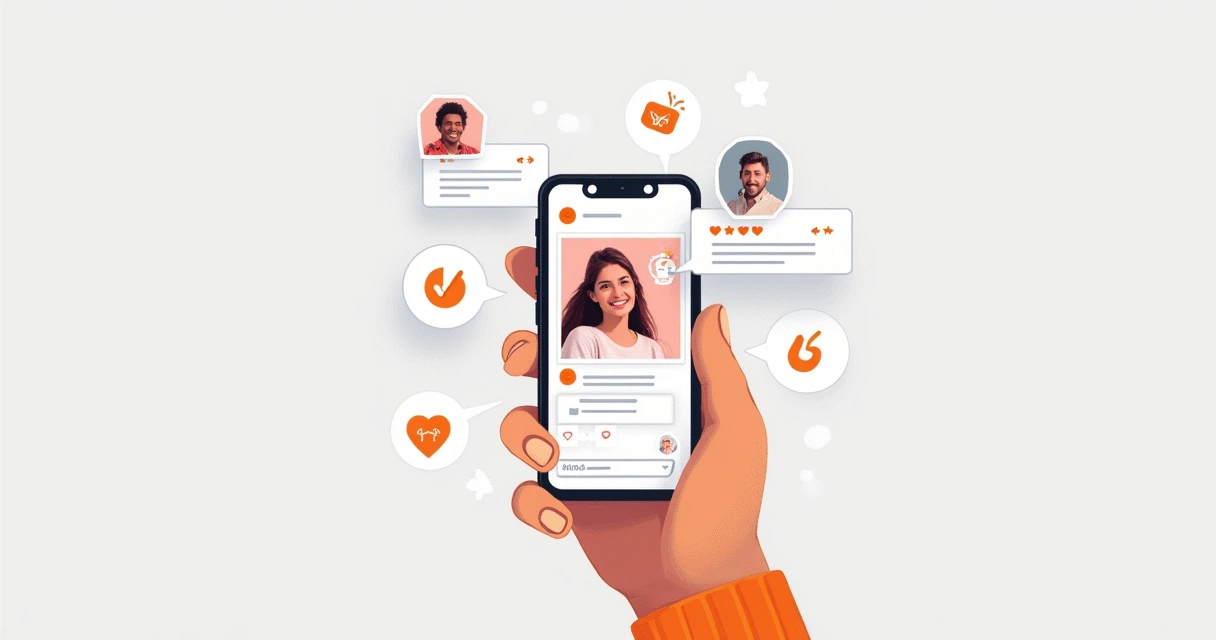 Pessoa segurando um smartphone mostrando uma rede social aberta com influenciador, fundo neutro 