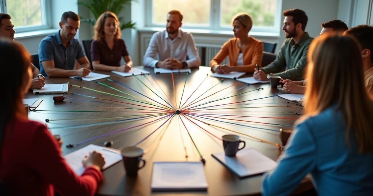 Rede de linhas conectando várias pessoas em uma mesa de reunião 