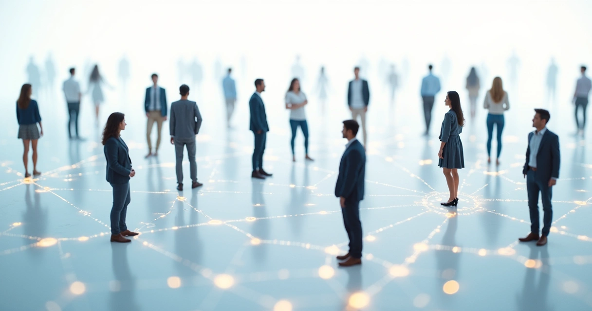 Personas conectadas por líneas sutiles en fondo blanco