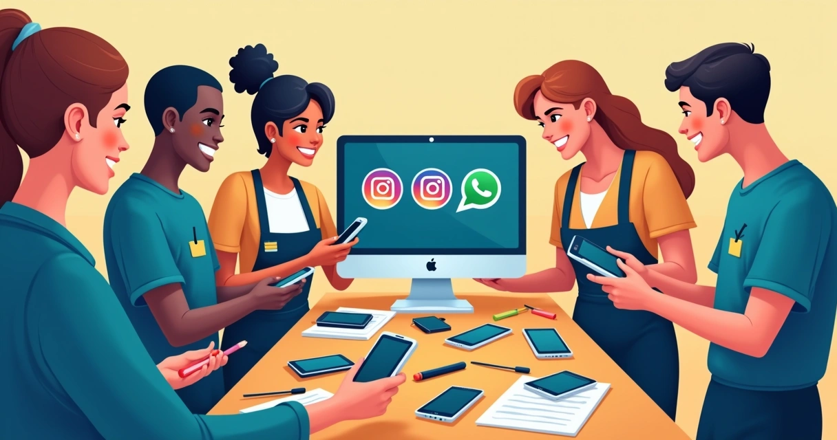 Equipe técnica de celular sorrindo em frente a celulares e computador