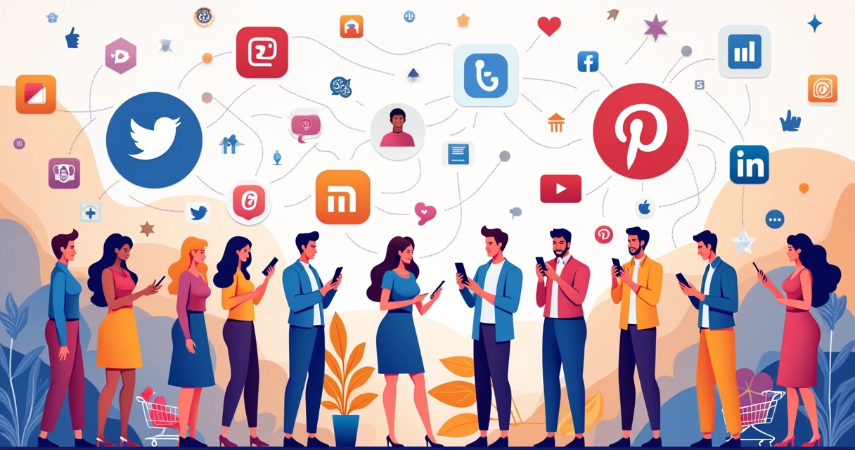 Ilustração de vários representantes de redes sociais com pessoas usando smartphones em um fundo colorido.
