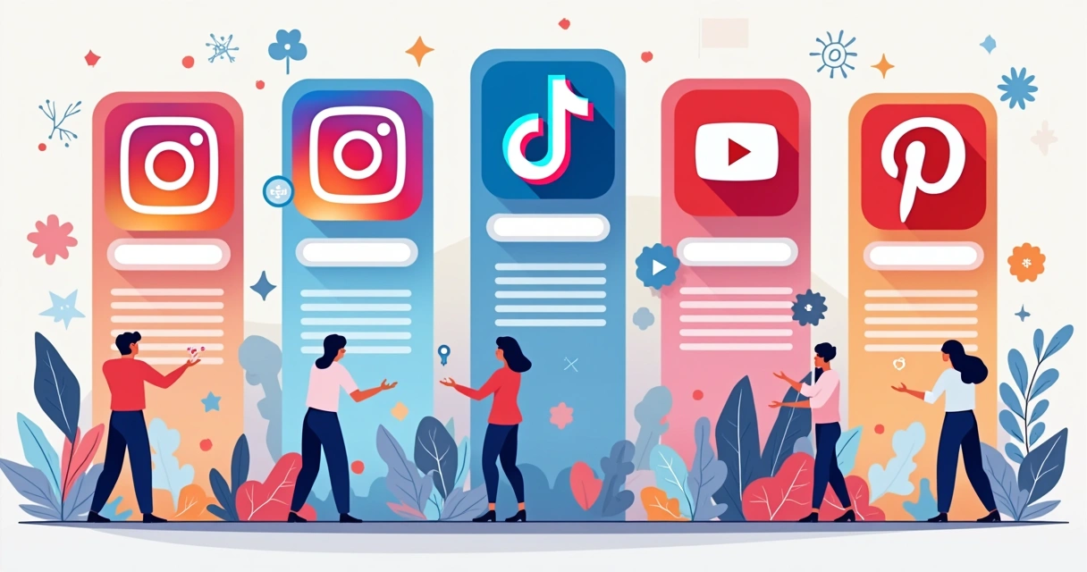 Ilustração dos logos do Instagram, TikTok, YouTube, LinkedIn e Pinterest com barras de pesquisa 