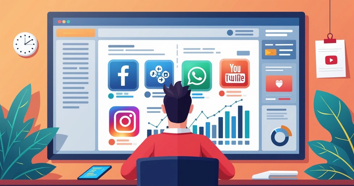 Gestor digital controlando publicações em múltiplas redes sociais durante campanha 