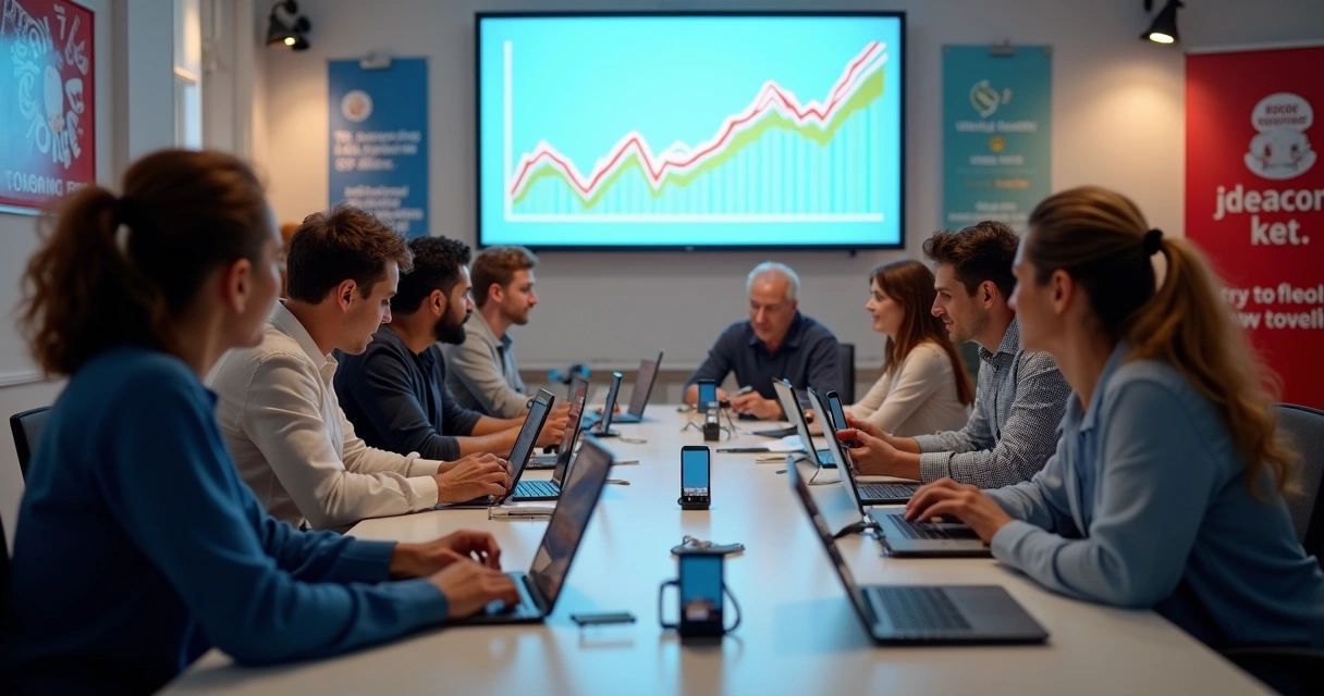 Equipe manuseando diferentes dispositivos com redes sociais abertas, gráfico de votos subindo