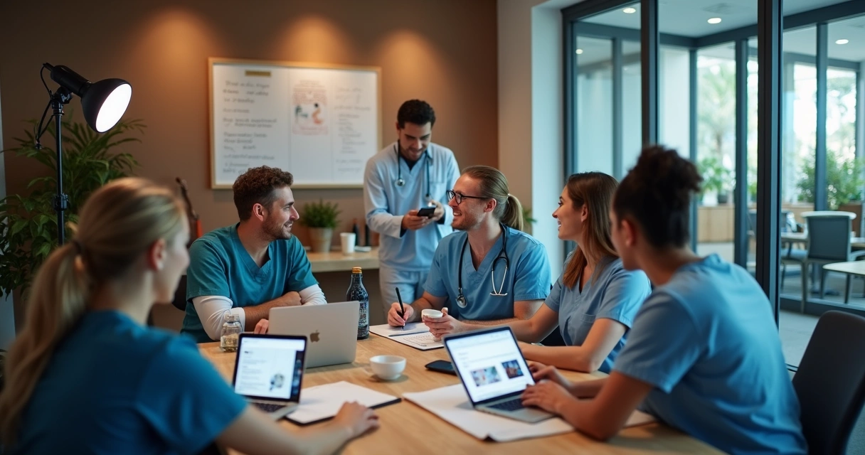 Equipe clínica produzindo conteúdo para redes sociais com câmeras e smartphones 