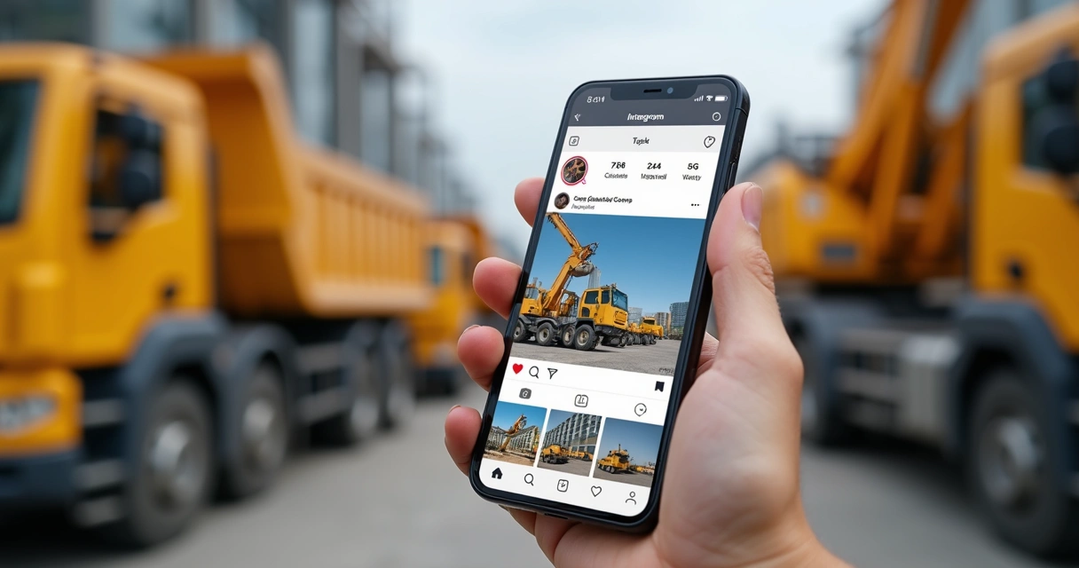 Perfil de construtora no Instagram aberto em celular mostrando fotos de obras. 