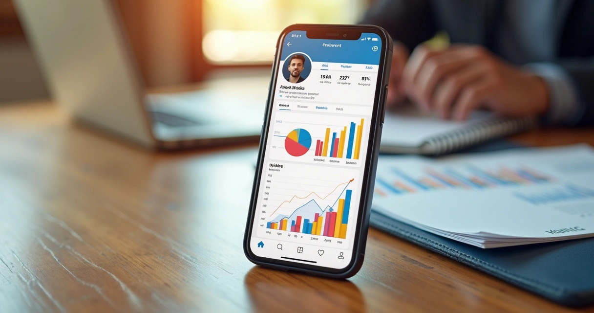 Celular mostrando perfil contábil em rede social com gráficos e agenda ao fundo