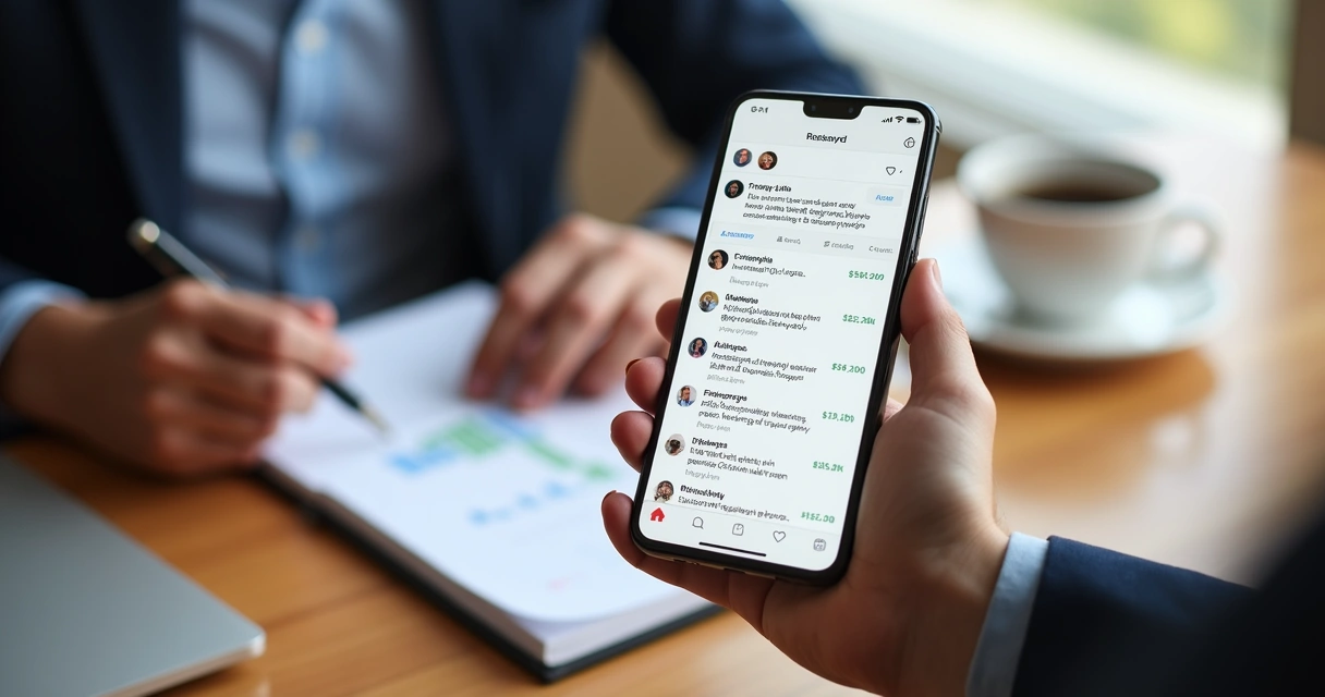 Feed de rede social contábil com gráficos e ícones de interação na tela de smartphone 