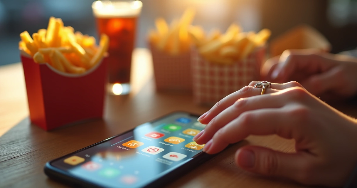 Celular mostrando aplicativo de delivery e mãos segurando comida 