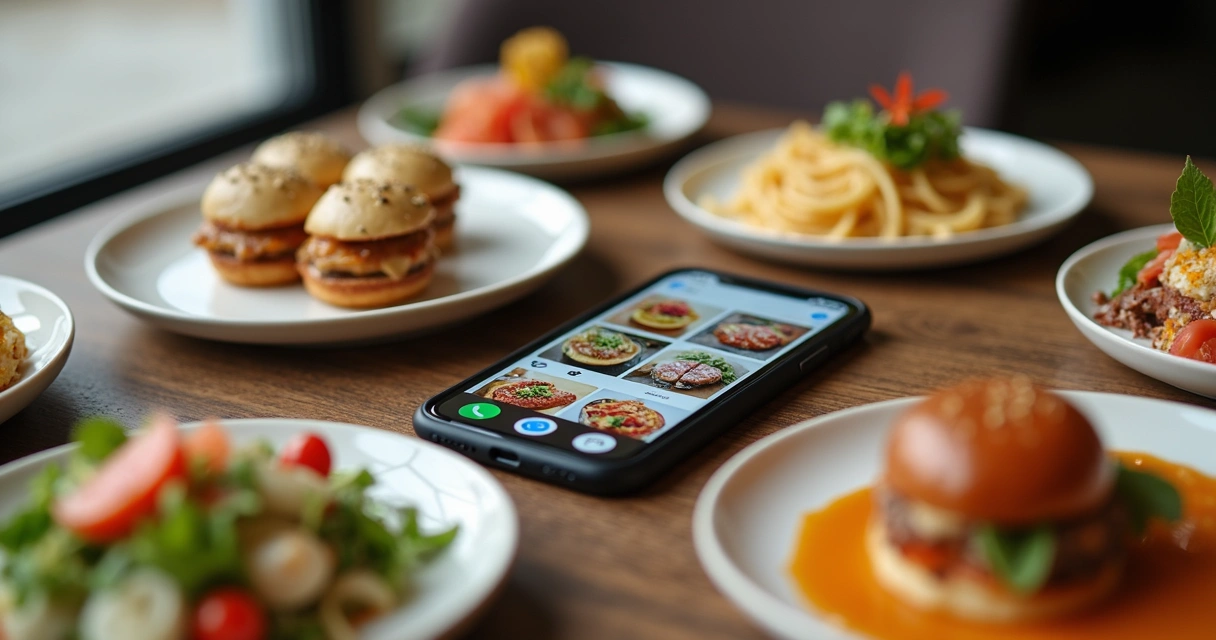 Celular com apps de redes sociais e fotos de comida 