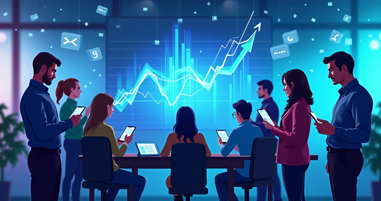 Grupos de pessoas usando celulares analisando gráficos em uma tela grande 