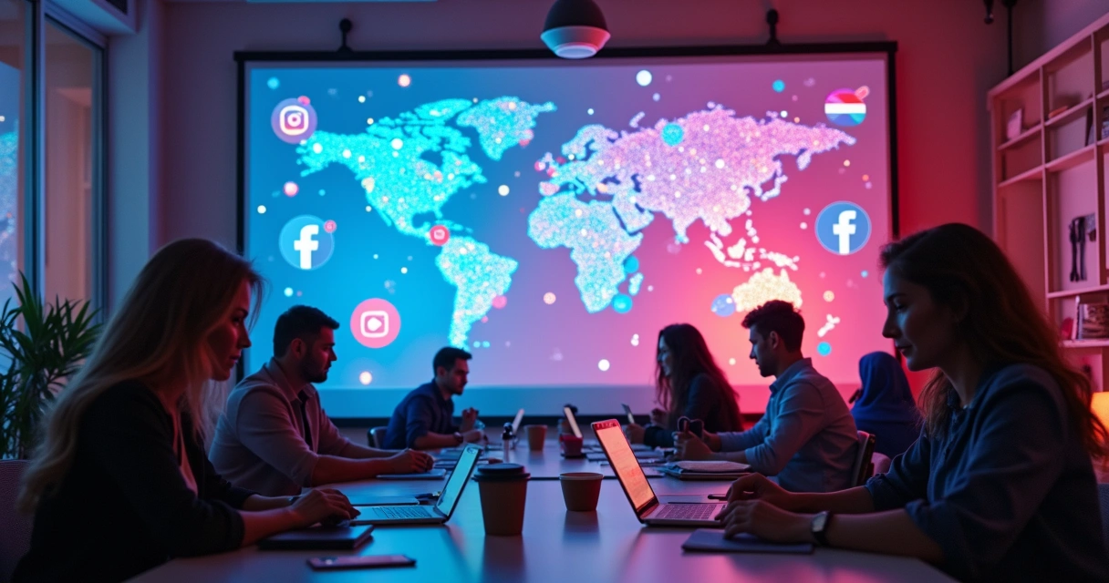 Telão com ícones de redes sociais e pessoas interagindo 