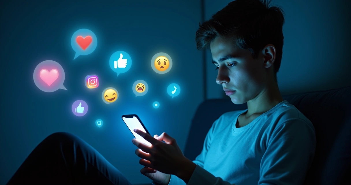 Pessoa olhando para celular cercada por emojis contrastantes em uma rede social 