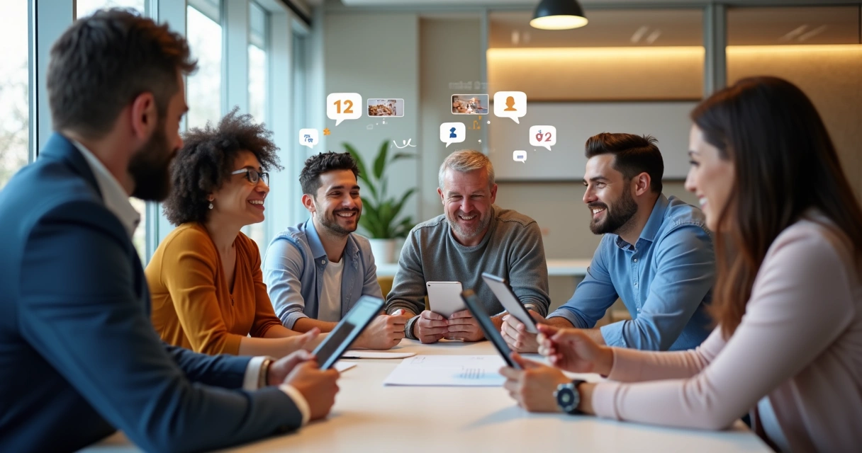 Equipe reunida interagindo em redes sociais com telas de posts e comentários 
