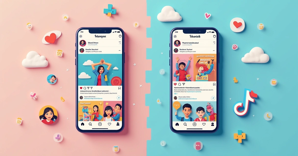 Ilustração de redes sociais escolares, banners de Instagram e TikTok lado a lado mostrando postagens de escola para pais e alunos 