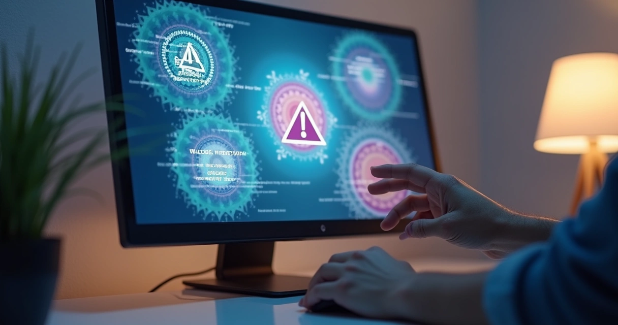 Sinais de alerta em tela de computador com conteúdos espirituais 