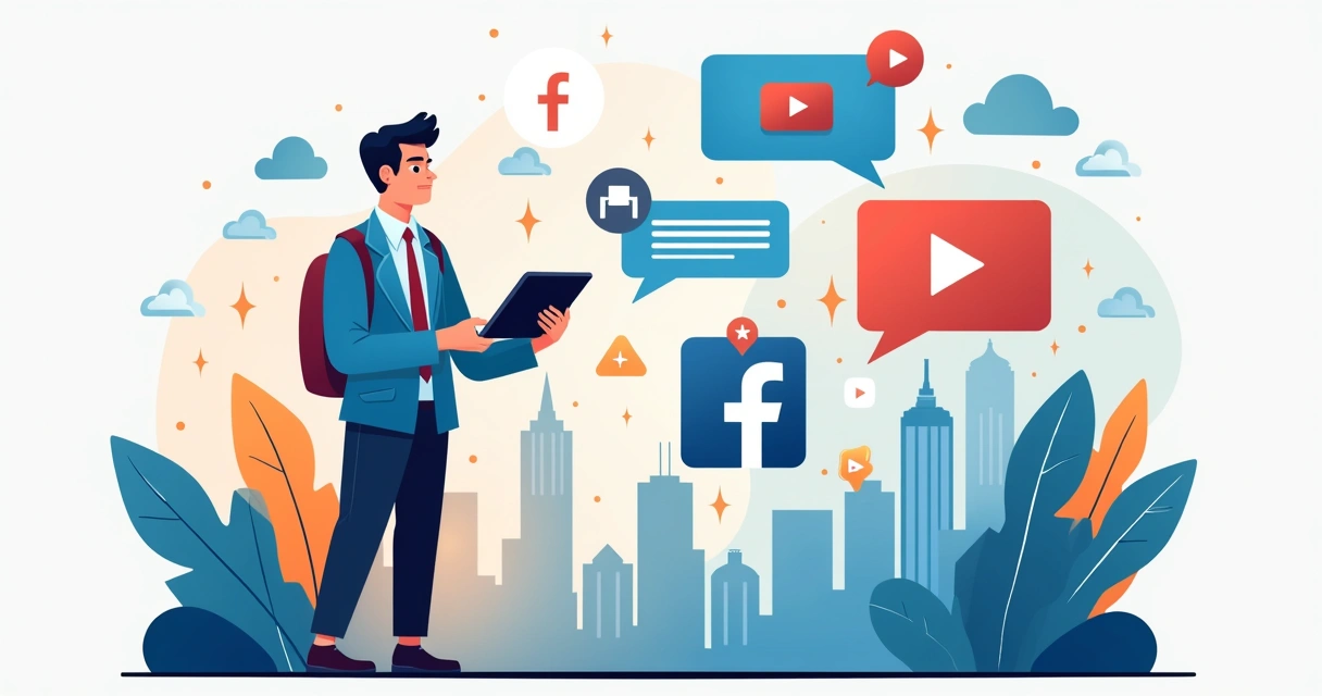 Elementos de redes sociais e candidato em destaque com tablet 