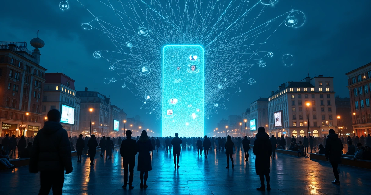 Smartphone gigante projetando rede social luminosa sobre pessoas em uma praça ao anoitecer 
