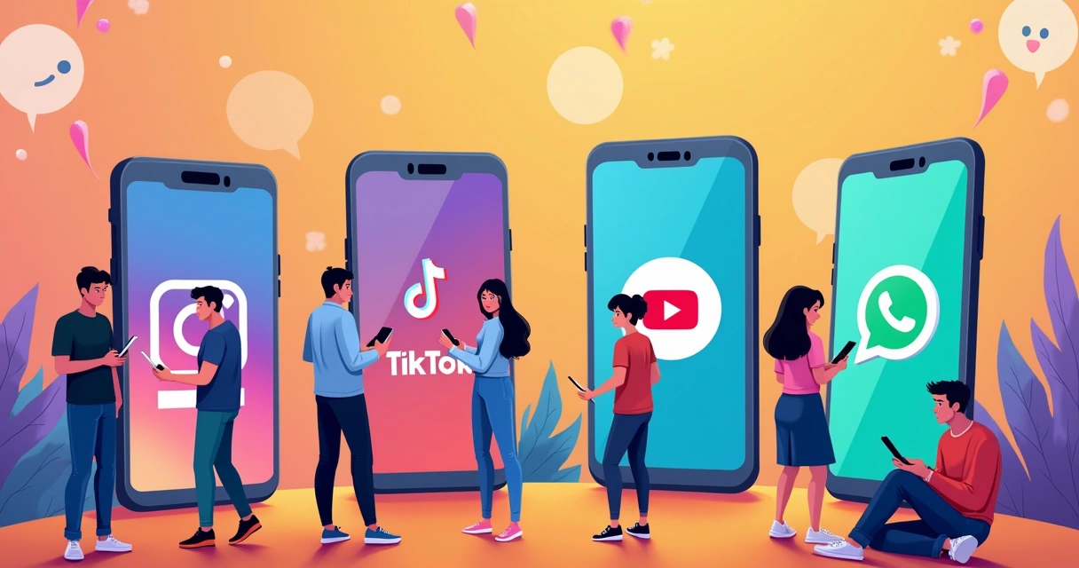 Ilustrações de telas de smartphone exibindo aplicativos de redes sociais populares entre jovens